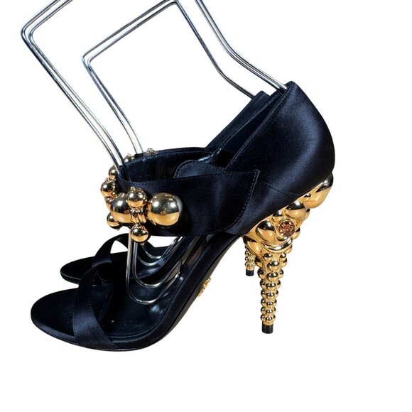 Prada Authentic Black Satin Embellished Gold Ball Mary Jane Heels Shoes Size 38 - Picture 3 of 14